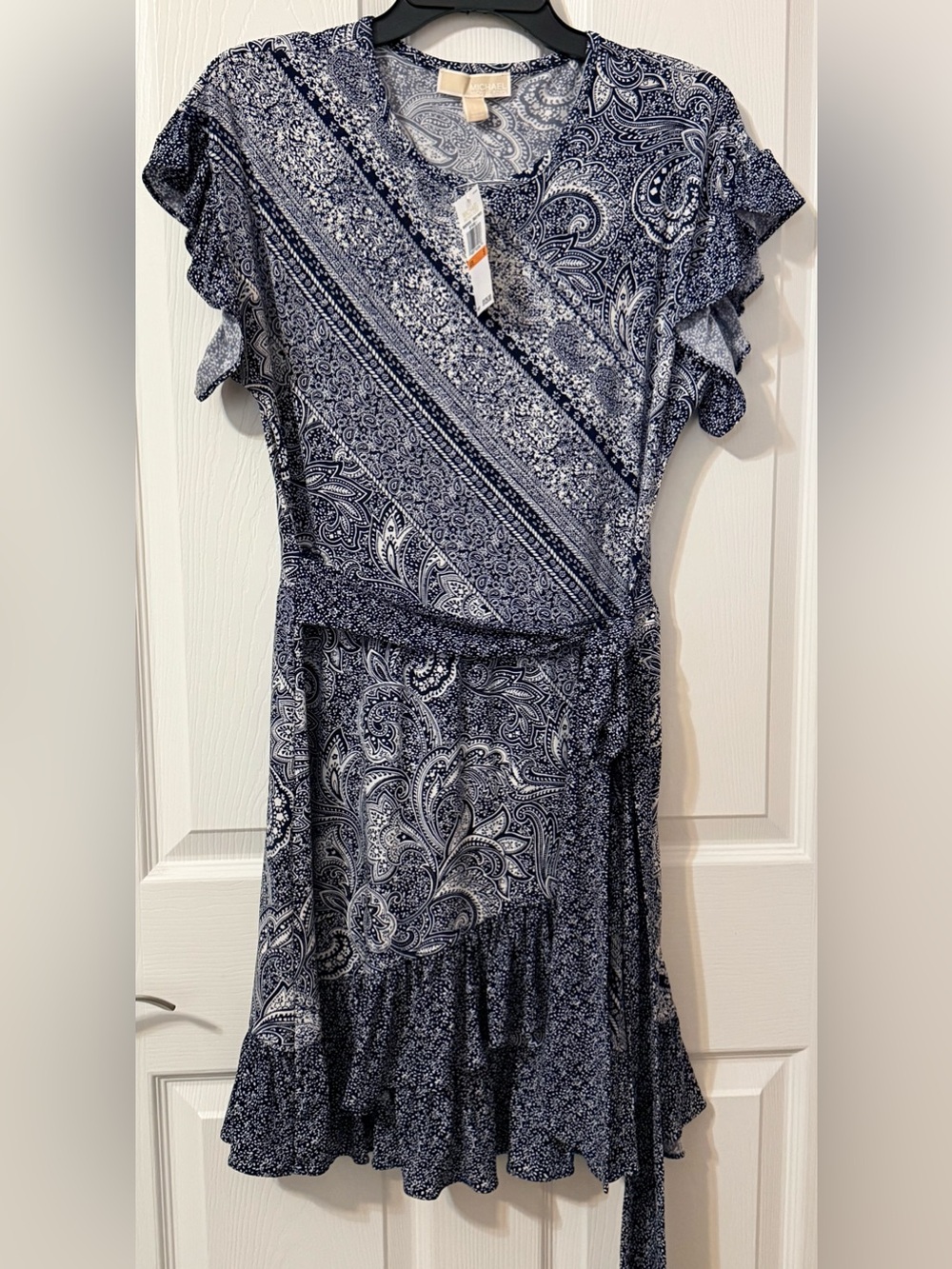 Michael Kors Navy and White Paisley Midi Wrap Dress